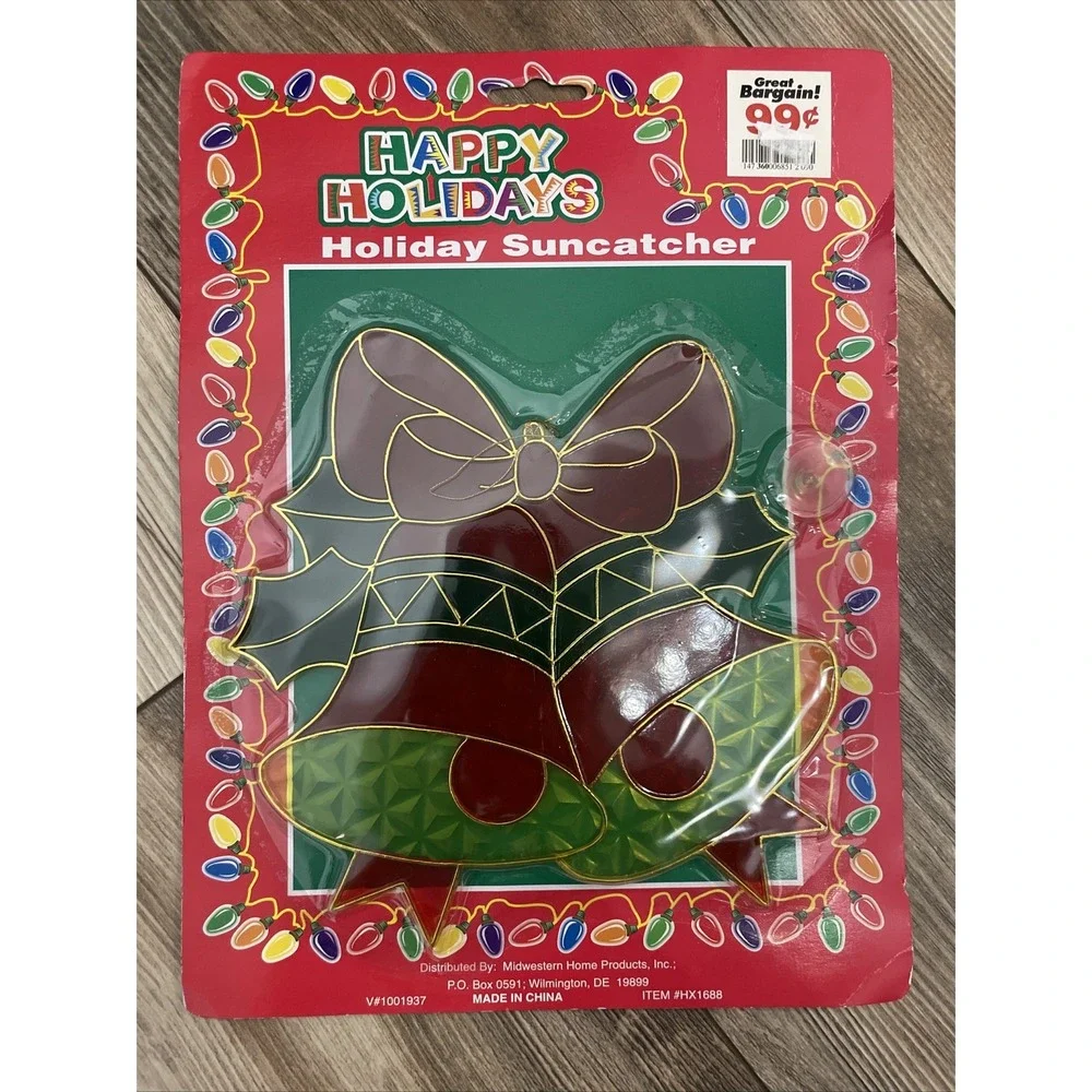 Vintage Happy Holidays Plastic Christmas Stained Glass-Lot of 3-Wreath-Stocking‎